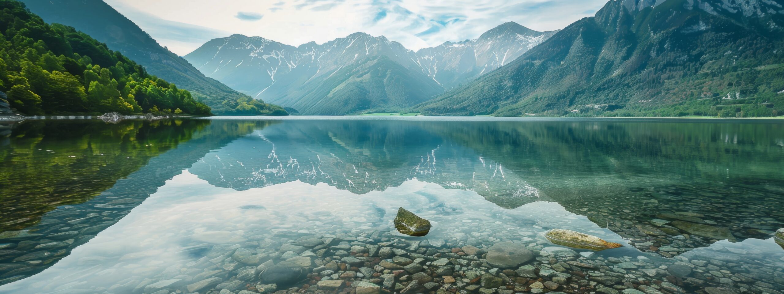 A serene, mountain lake background with clear water and reflection of peaks.